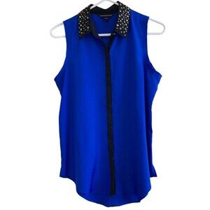 Rock & Republic Womens Blouse S Top Sleeveless Chiffon Studded Collar Blue Black